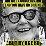 Crazy Lady | LIKE THEY SAY..."IF YOU ARE NOT A CONSERVATIVE BY 40 YOU HAVE NO BRAINS".. ...BUT BY AGE 60 YOU'RE JUST INSANE | image tagged in crazy lady,memes,liberals,democratic party,libtards,retarded liberal protesters | made w/ Imgflip meme maker