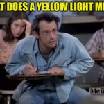 Ignatowski is taking his driving test | WHAT DOES A YELLOW LIGHT MEAN? | image tagged in iggy,jim ignatowski,taxi,louie depalma,elaine nardo,memes | made w/ Imgflip meme maker