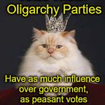 All Capitalist Parties in the US are own & ran by the same Oligarchy   | Votes Within Oligarchy Parties; Have as much influence over government, as peasant votes in an Absolute Monarchy | image tagged in cat crown,democrats,republicans,libertarian,oligarchy | made w/ Imgflip meme maker