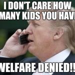 Oh contraire recipient of welfare | I DON'T CARE HOW MANY KIDS YOU HAVE; WELFARE DENIED!!! | image tagged in trump phone,welfare,trump,budget cuts,memes | made w/ Imgflip meme maker