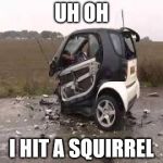 Smart Car Crash | UH OH I HIT A SQUIRREL | image tagged in smart car crash | made w/ Imgflip meme maker