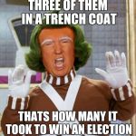 Oompa Loompa Dupity Duped | THREE OF THEM IN A TRENCH COAT; THATS HOW MANY IT TOOK TO WIN AN ELECTION | image tagged in trump oompa loompa,trump,willy wonka,election 2016,memes,oompa loompa | made w/ Imgflip meme maker