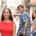 meme guy watching girl red dress in street with girlfriend