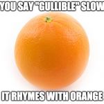 Prove me wrong. | IF YOU SAY "GULLIBLE" SLOWLY; IT RHYMES WITH ORANGE | image tagged in orange,gullible,rhymes | made w/ Imgflip meme maker