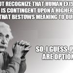 Einstein | I DO NOT RECOGNIZE THAT HUMAN EXISTENCE IS CONTINGENT UPON A HIGHER BEING THAT BESTOWS MEANING TO OUR LIVES. SO, I GUESS, PANTS ARE OPTIONAL. | image tagged in einstein | made w/ Imgflip meme maker