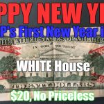 TrumpDollar | HAPPY NEW YEAR; TRUMP's First New Year in the; WHITE House; $20, No Priceless | image tagged in trumpdollar | made w/ Imgflip meme maker