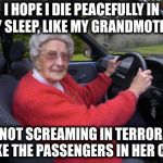 I hope I die peacefully in my sleep, like my grandmother | I HOPE I DIE PEACEFULLY IN MY SLEEP, LIKE MY GRANDMOTHER; NOT SCREAMING IN TERROR, LIKE THE PASSENGERS IN HER CAR | image tagged in die,screaming,old people driving | made w/ Imgflip meme maker