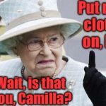 Charlie!  Come get your skank hoe! | Put more clothes on, Hoe! Wait, is that you, Camilla? | image tagged in eww what a mink,queen elizabeth,camilla,more clothes,grossed out | made w/ Imgflip meme maker