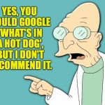 Risks of Googling 101: How the sausage is made.  (WARNING - THIS IS NOT A MEME) | YES, YOU COULD GOOGLE 'WHAT'S IN A HOT DOG', BUT I DON'T RECOMMEND IT. | image tagged in professor farnsworth,hot dogs,tmi,memes,how the sausage is made,googling | made w/ Imgflip meme maker