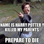 Yelling Harry Potter | MY NAME IS HARRY POTTER
YOU KILLED MY PARENTS; PREPARE TO DIE | image tagged in yelling harry potter | made w/ Imgflip meme maker