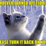 icicles | WHOEVER TURNED OFF FLORIDA; PLEASE TURN IT BACK ON NOW! | image tagged in icicles | made w/ Imgflip meme maker