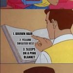 Book of Idiots | WHAT SERIAL KILLERS LOOK FOR IN A VICTIM 1. BROWN HAIR 2. YELLOW SWEATER VEST 3. SLEEPS ON A PINK BLANKET KNOCK KNOCK | image tagged in book of idiots | made w/ Imgflip meme maker