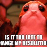 PORG | IS IT TOO LATE TO CHANGE MY RESOLUTION? | image tagged in porg | made w/ Imgflip meme maker