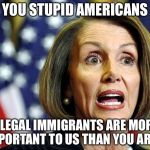 Pelosi | YOU STUPID AMERICANS; ILLEGAL IMMIGRANTS ARE MORE IMPORTANT TO US THAN YOU ARE!!! | image tagged in pelosi | made w/ Imgflip meme maker