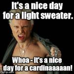 It's a little chilly for Billy. | It's a nice day for a light sweater. Whoa - it's a nice day for a cardinaaaaan! | image tagged in billy idol,memes,meme | made w/ Imgflip meme maker