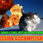if you can tell me what imgflip is up to please do... | WE JUST ADDED A 'VIRAL' BUTTON NO-ONE UNDERSTANDS; MISSION ACCOMPLISHED | image tagged in mission accomplished cat,viral meme,memes,imgflip,upgrade,viral | made w/ Imgflip meme maker