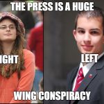 It depends on your point of view | THE PRESS IS A HUGE; LEFT; RIGHT; WING CONSPIRACY | image tagged in college liberal and conservative,college liberal,college conservative,memes | made w/ Imgflip meme maker