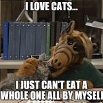 Alf eating cat | I LOVE CATS... I JUST CAN'T EAT A WHOLE ONE ALL BY MYSELF | image tagged in alf eating cat | made w/ Imgflip meme maker