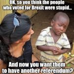 Skeptical third world kid | OK, so you think the people who voted for Brexit were stupid... And now you want them to have another referendum? | image tagged in skeptical third world kid | made w/ Imgflip meme maker