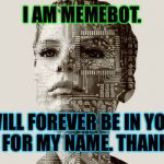 Silly bot | I AM MEMEBOT. I WILL FOREVER BE IN YOUR DEBT FOR MY NAME. THANK YOU. | image tagged in botith,torottith,tortilla bot,bots r us meme | made w/ Imgflip meme maker