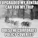 Dog Sled | I UPGRADED MY RENTAL CAR FOR MY TRIP; DOES THE CORPORATE POLICY COVER IT? | image tagged in dog sled | made w/ Imgflip meme maker