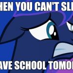 I'm f**ked! | WHEN YOU CAN'T SLEEP; BUT HAVE SCHOOL TOMORROW! | image tagged in scared luna,memes,sleep,school,college | made w/ Imgflip meme maker