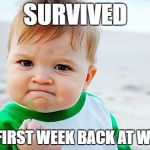 Baby fist | SURVIVED; MY FIRST WEEK BACK AT WORK | image tagged in baby fist | made w/ Imgflip meme maker