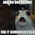 Star Wars Porg | AND NO ONE KNOWS; HOW FAR IT GOOOOEEEEESSSSSSS | image tagged in star wars porg | made w/ Imgflip meme maker
