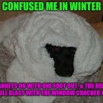 winter | CONFUSED ME IN WINTER; 3 BLANKETS ON WITH ONE FOOT OUT, & THE HEATER ON FULL BLAST WITH THE WINDOW CRACKED OPEN | image tagged in winter | made w/ Imgflip meme maker