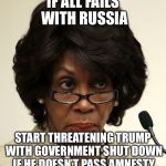 Maxine waters | IF ALL FAILS WITH RUSSIA; START THREATENING TRUMP WITH GOVERNMENT SHUT DOWN IF HE DOESN’T PASS AMNESTY | image tagged in maxine waters,democratic party,liberal logic,illegal immigration | made w/ Imgflip meme maker