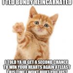 orange cat | GREETINGS HUMANS IT IS I TED BUNDY REINCARNATED; I TOLD YA ID GET A SECOND CHANCE TO WIN YOUR HEARTS AGAIN ATLEAST THIS TIME I WONT HURT YOU JUST WANNA GIVE A HIGH  FIVE AND LOVE YA | image tagged in orange cat | made w/ Imgflip meme maker