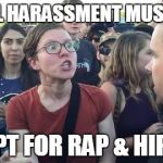 SJW Warning | SEXUAL HARASSMENT MUST STOP; EXCEPT FOR RAP & HIP-HOP | image tagged in sjw warning | made w/ Imgflip meme maker