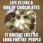 Half eaten box of chocolates  | LIFE IS LIKE A BOX OF CHOCOLATES; IT DOESNT LAST AS LONG FOR FAT 
PEOPLE | image tagged in half eaten box of chocolates | made w/ Imgflip meme maker