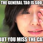 Crying Asian Girl | WHEN THE GENERAL TAO IS SOO GOOD; BUT YOU MISS THE CAT | image tagged in crying asian girl | made w/ Imgflip meme maker