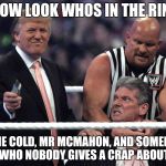 Trump WWE | WOW LOOK WHOS IN THE RING; STONE COLD, MR MCMAHON, AND SOMEBODY WHO NOBODY GIVES A CRAP ABOUT | image tagged in trump wwe | made w/ Imgflip meme maker