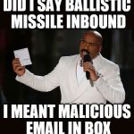 Wrong Answer Steve Harvey | DID I SAY BALLISTIC MISSILE INBOUND; I MEANT MALICIOUS EMAIL IN BOX | image tagged in wrong answer steve harvey | made w/ Imgflip meme maker