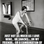 Exercise Bike | I LOVE EXERCISE!!! JUST NOT AS MUCH AS I LOVE WINE... OR SNACKS.... OR MY FRIENDS... OR A COMBINATION OF ANY OF THE ABOVE.... NEVER MIND | image tagged in exercise bike | made w/ Imgflip meme maker