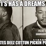 Martin luther king jr | I'S HAS A DREAMS; I'S HATES DEEZ COTTUN PICKIN PO-LICE | image tagged in martin luther king jr | made w/ Imgflip meme maker