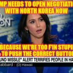 Actually, It Seems You Need A Better Training Program | TRUMP NEEDS TO OPEN NEGOTIATIONS WITH NORTH KOREA NOW; BECAUSE WE'RE TOO F'IN STUPID TO PUSH THE CORRECT BUTTON | image tagged in hawaii missile defense,memes,liberal logic,donald trump,what if i told you | made w/ Imgflip meme maker