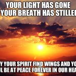 Grief | YOUR LIGHT HAS GONE  YOUR BREATH HAS STILLED; MAY YOUR SPIRIT FIND WINGS AND YOUR SOUL BE AT PEACE
FOREVER IN OUR HEARTS | image tagged in grief | made w/ Imgflip meme maker