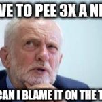 blame corbyn | I HAVE TO PEE 3X A NIGHT; HOW CAN I BLAME IT ON THE TORIES | image tagged in corbyn eww,corbyn policies,economic stratergy,hate,momentum,mcdonnell party of hate | made w/ Imgflip meme maker