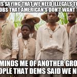 Same excuse, new generation | DEMS SAYING THAT WE NEED ILLEGALS TO DO THE JOBS THAT AMERICAN'S DON'T WANT TO DO, REMINDS ME OF ANOTHER GROUP OF PEOPLE THAT DEMS SAID WE NEEDED. | image tagged in slavery,liberal hypocrisy,illegal immigration | made w/ Imgflip meme maker