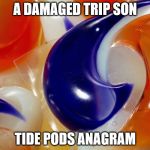 Died Anagram Post | A DAMAGED TRIP SON; TIDE PODS ANAGRAM | image tagged in tide pods,anagrams meme,memes anagramos,origami | made w/ Imgflip meme maker
