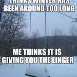 Winter swing | FOR ANYONE WHO THINKS WINTER HAS BEEN AROUND TOO LONG; ME THINKS IT IS GIVING YOU THE LINGER | image tagged in winter swing | made w/ Imgflip meme maker