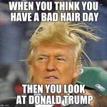 Donald Trump Hair | WHEN YOU THINK YOU HAVE A BAD HAIR DAY; THEN YOU LOOK AT DONALD TRUMP | image tagged in donald trump hair | made w/ Imgflip meme maker