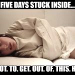 Got to get out of this house! | FIVE DAYS STUCK INSIDE... I'VE. GOT. TO. GET. OUT. OF. THIS. HOUSE! | image tagged in woman in straight jacket,crazy,house,inside,outside | made w/ Imgflip meme maker