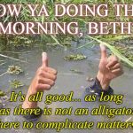 flood no worries | HOW YA DOING THIS MORNING, BETH? It's all good... as long as there is not an alligator here to complicate matters. | image tagged in flood no worries | made w/ Imgflip meme maker