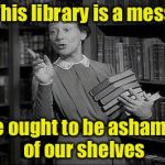 Librarian Humor | This library is a mess; We ought to be ashamed of our shelves | image tagged in wealthy librarian,memes,bad pun,library | made w/ Imgflip meme maker