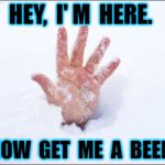 Snow Buried | HEY,  I' M  HERE. NOW  GET  ME  A  BEER. | image tagged in snow buried | made w/ Imgflip meme maker