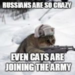russian cat | RUSSIANS ARE SO CRAZY; EVEN CATS ARE JOINING THE ARMY | image tagged in russian cat | made w/ Imgflip meme maker